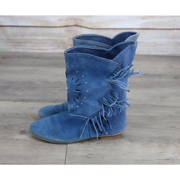 VINTAGE Armadillos SUNBURST Womens Size 7.5 M Suede Fringe Pull On Boots Blue - Picture 3 of 7